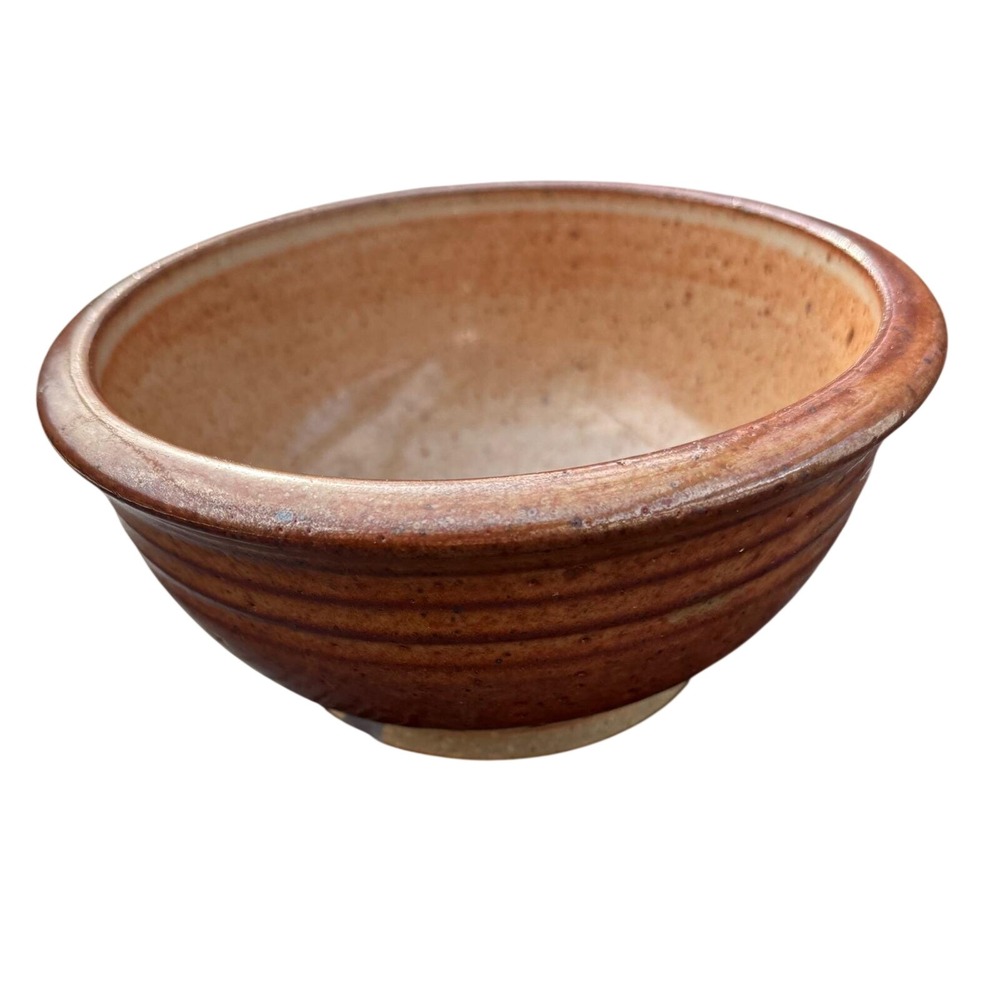 Vintage 1979 Signed Studio Pottery Bowl Earthy Speckled Glaze Ribbed Terracotta